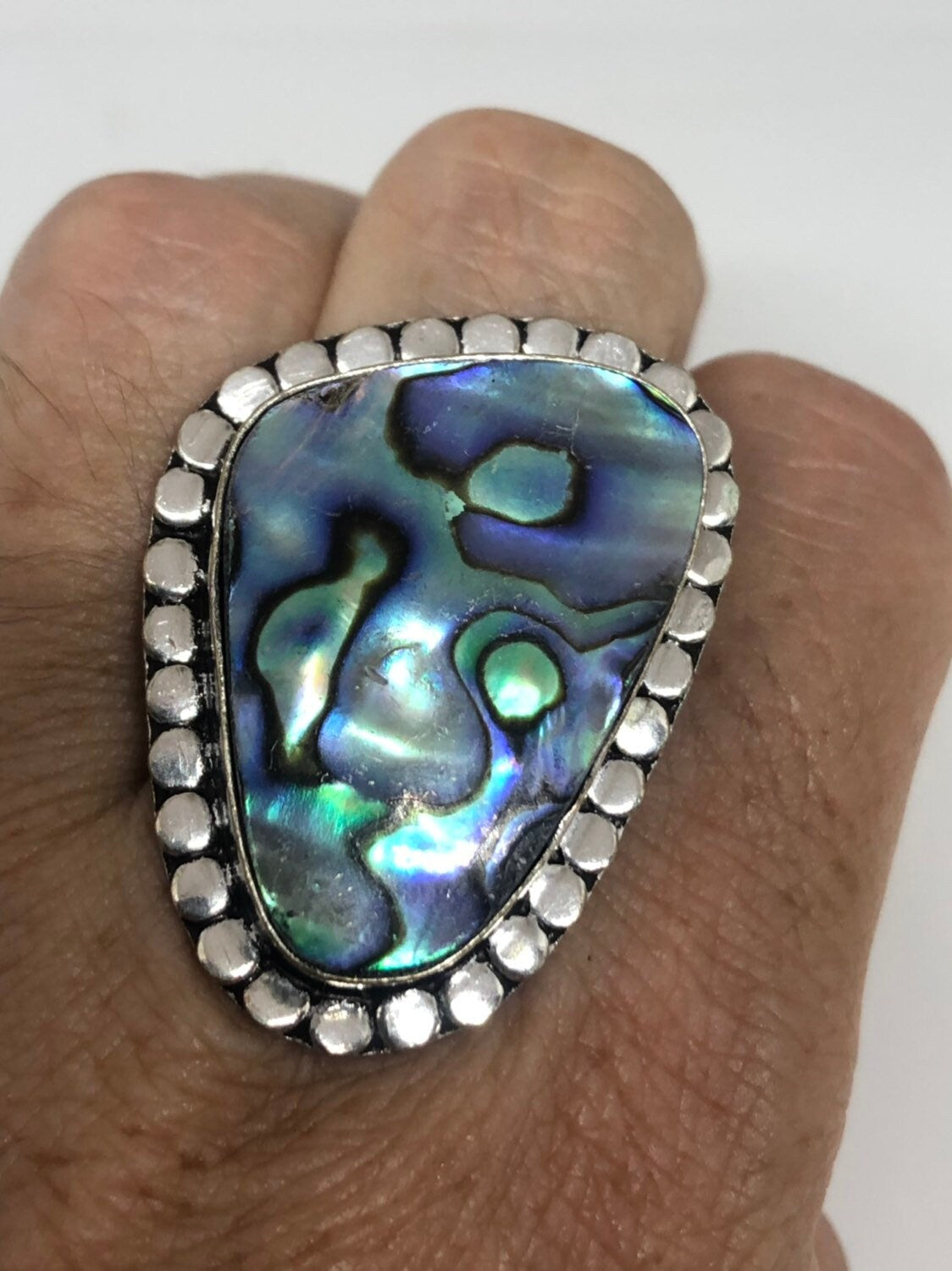 Antique Green Abalone White Bronze Silver Ring