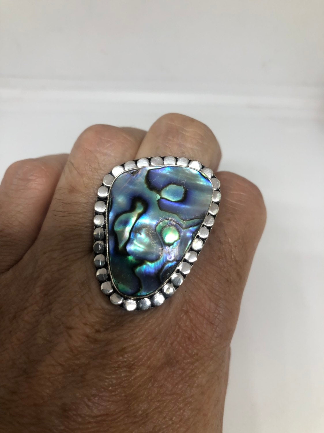 Antique Green Abalone White Bronze Silver Ring