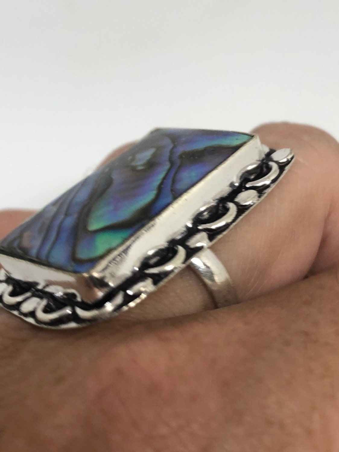 Antique Green Abalone White Bronze Silver Ring