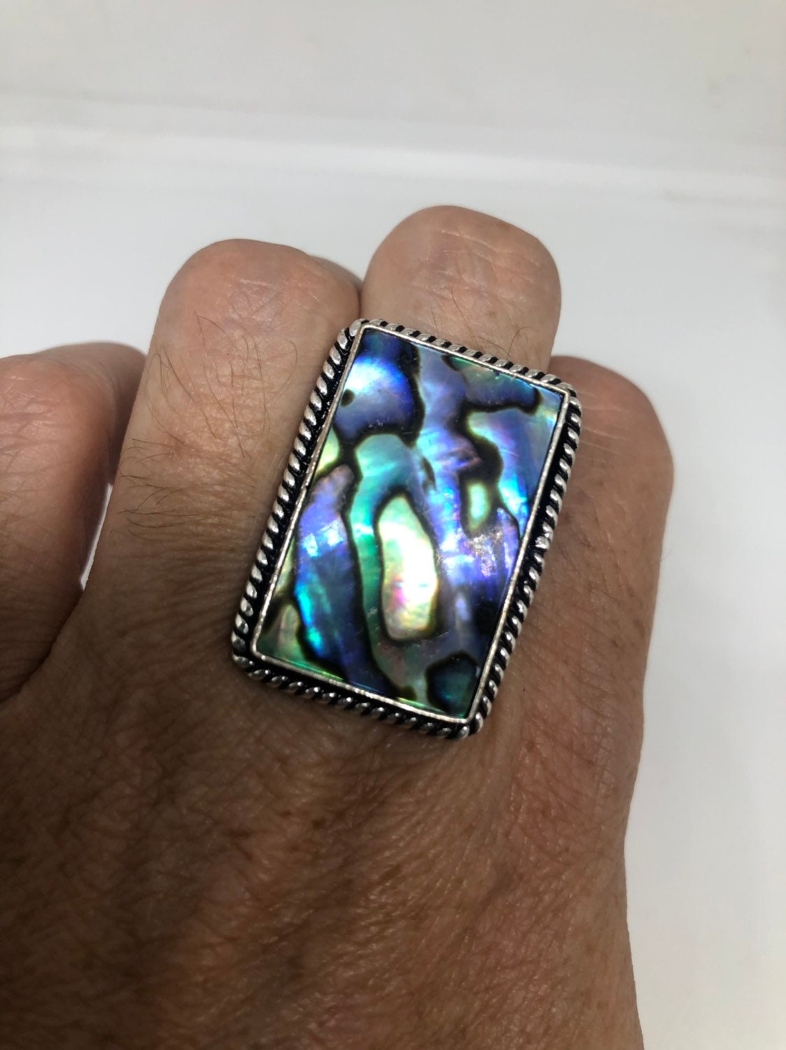 Antique Green Abalone White Bronze Silver Ring