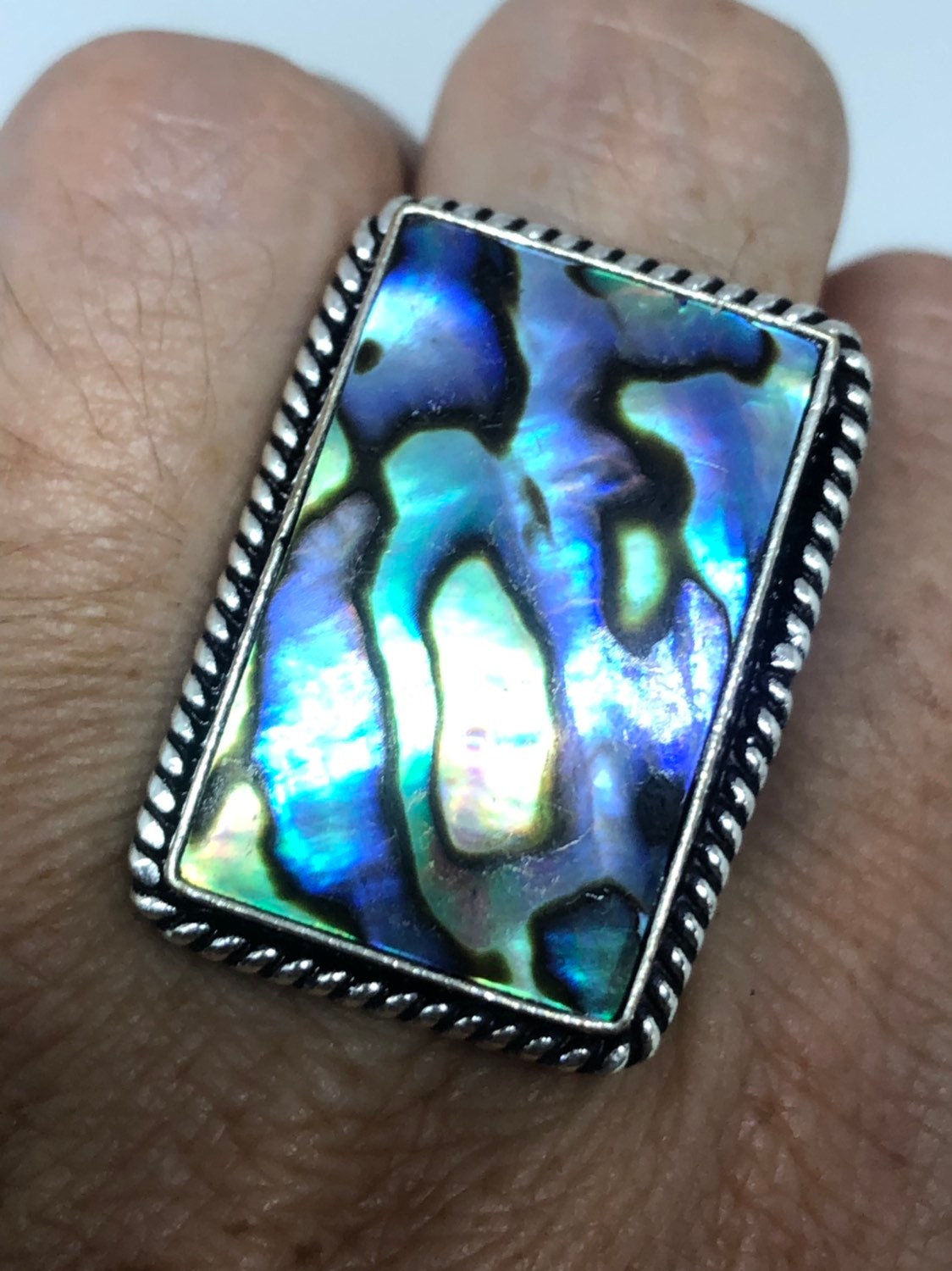 Antique Green Abalone White Bronze Silver Ring