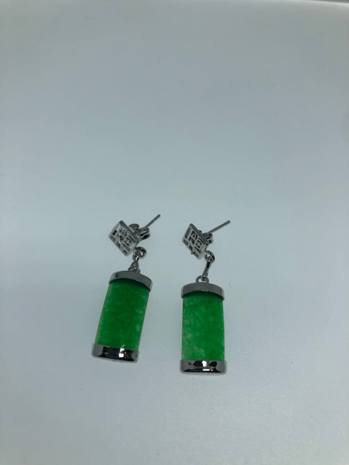 Vintage Fun Green Jade Gemstone Silver Bronze Earrings