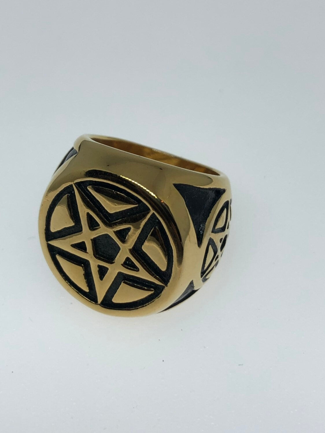 Vintage Gothic Golden Stainless Steel Pentacle Star Mens Ring