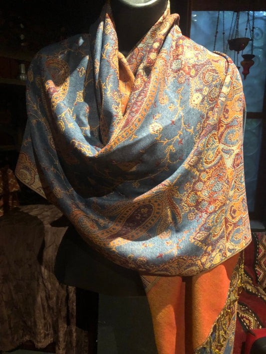 Blue Orange Vintage Paisley Brocade Pashmina Scarf Wrap Shawl