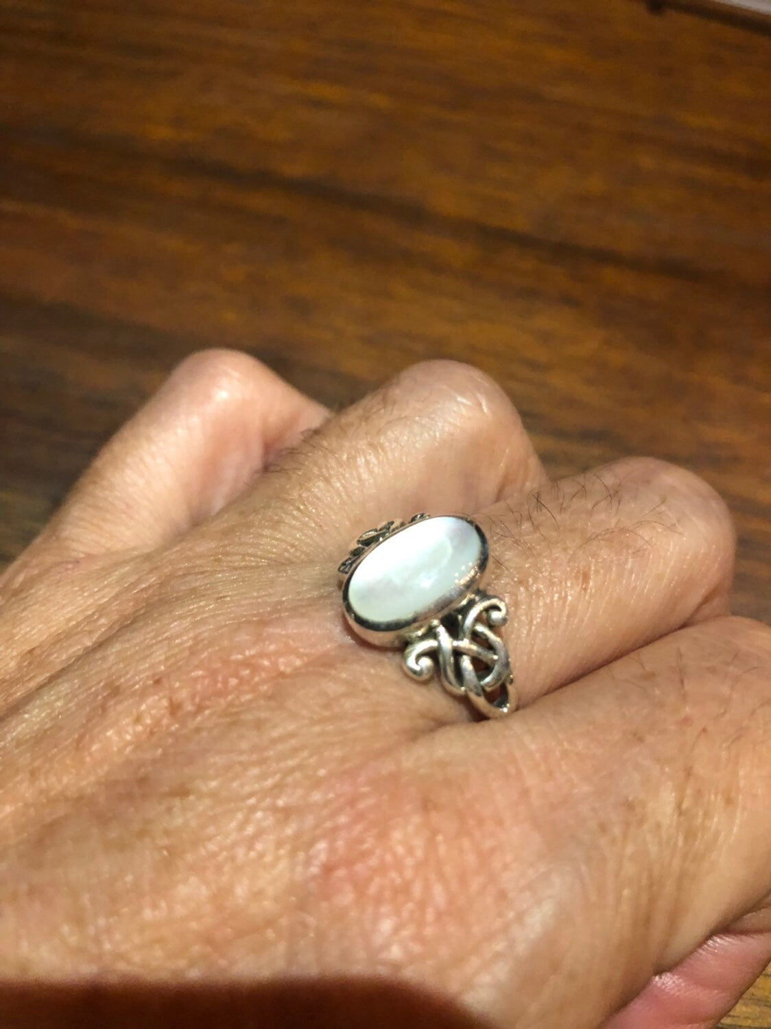 Antique White Mother of Pearl Filigree Sterling Silver Ring