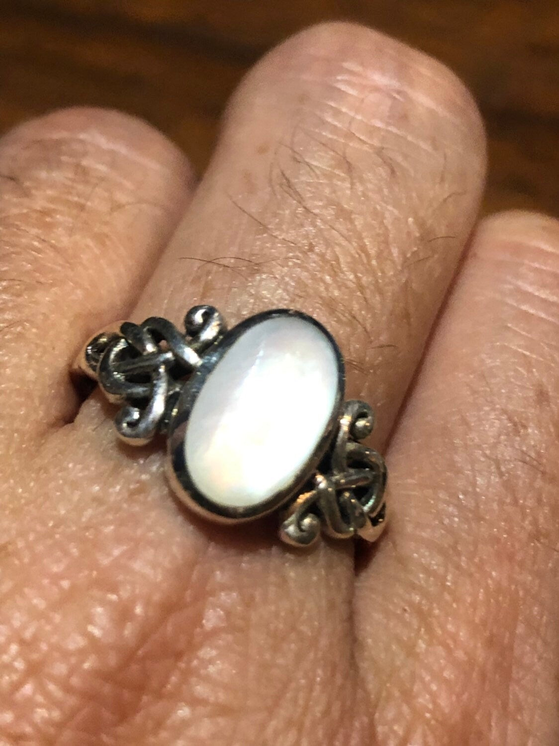 Antique White Mother of Pearl Filigree Sterling Silver Ring