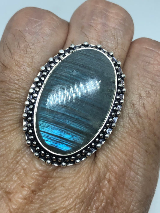 Vintage Blue Green Labradorite Stone Silver Ring