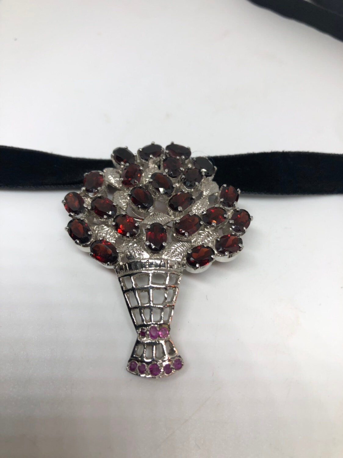 Vintage Handmade Genuine Garnet 925 Sterling Silver Rhodium Brooch Choker