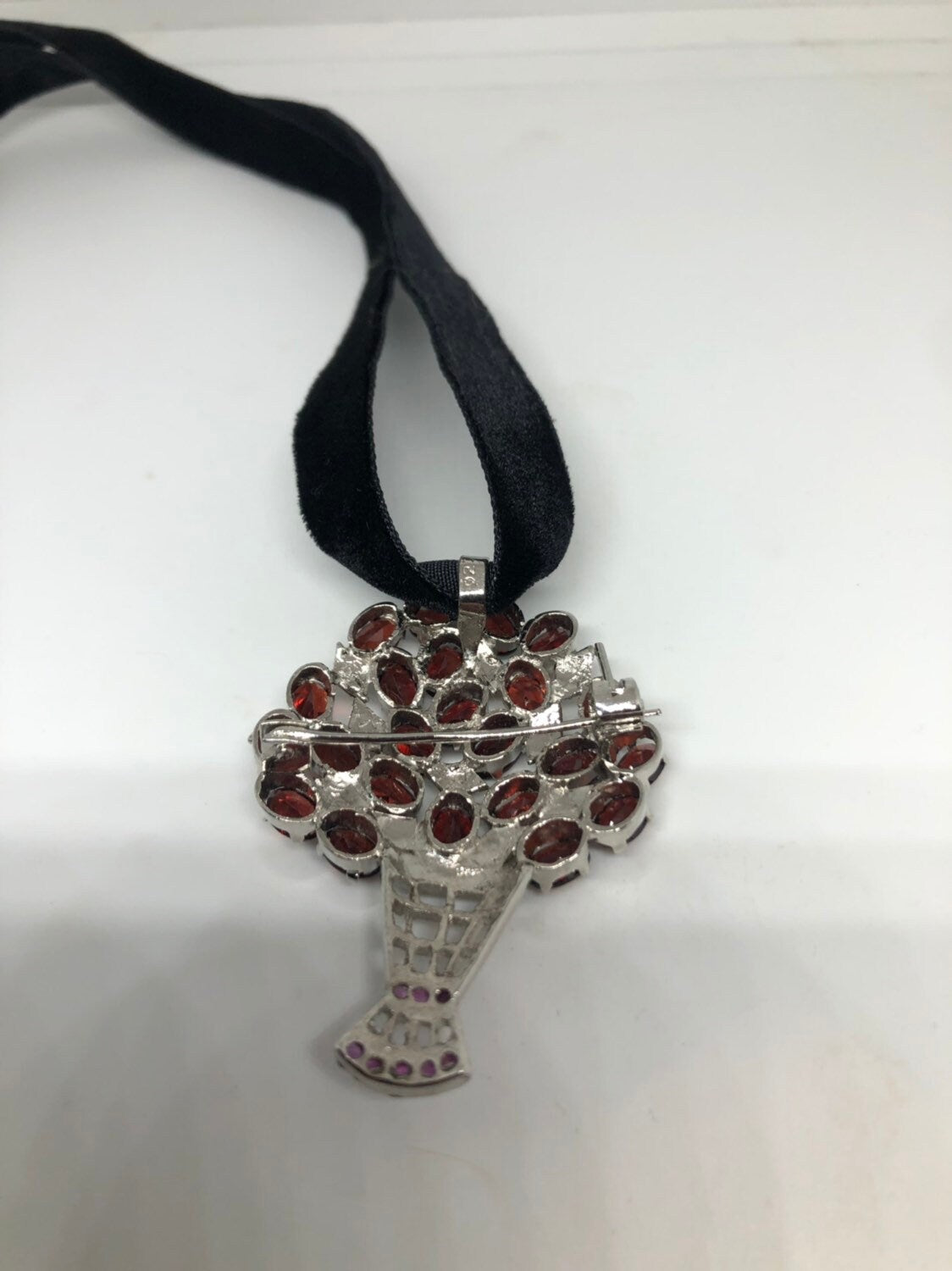 Vintage Handmade Genuine Garnet 925 Sterling Silver Rhodium Brooch Choker