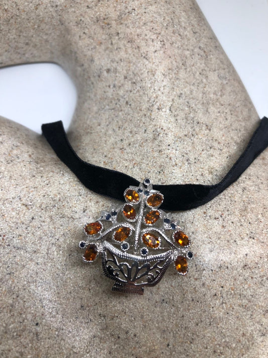 Vintage Handmade 925 Sterling Silver Genuine Citrine Antique pin Pendant Necklace