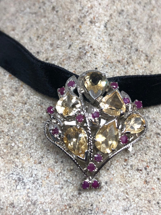 Vintage Handmade 925 Sterling Silver Genuine Citrine Antique pin Pendant Necklace