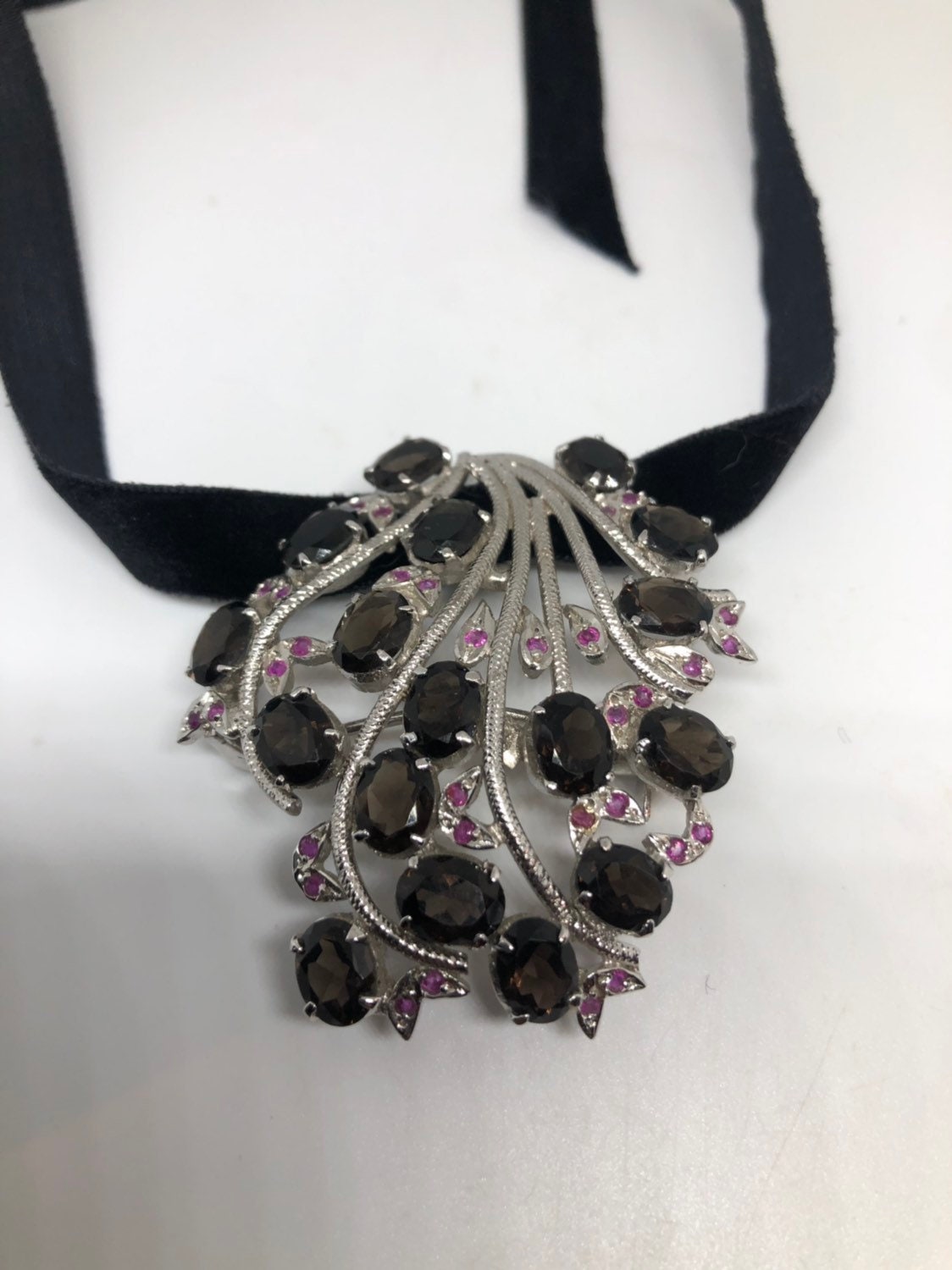 Vintage Handmade Smoky Topaz and Genuine Ruby 925 Sterling Silver Rhodium Brooch Necklace