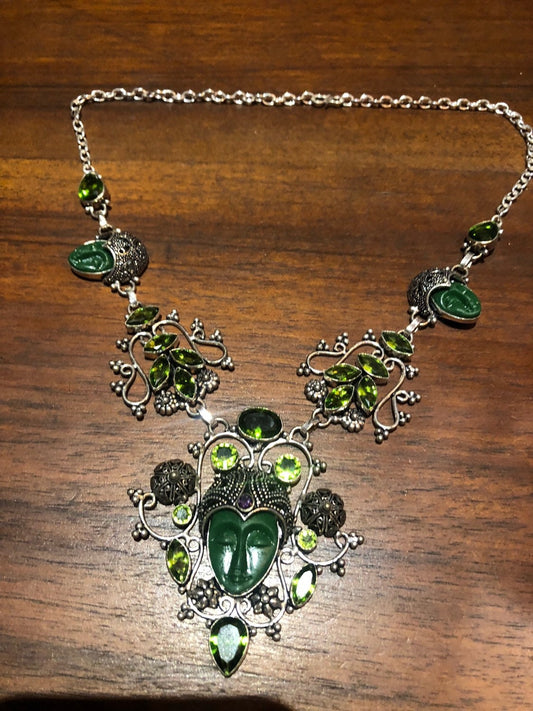 Green Handmade Gothic Styled Silver Finished Genuine Faceted Antique Volcanic Glass Choker Necklace