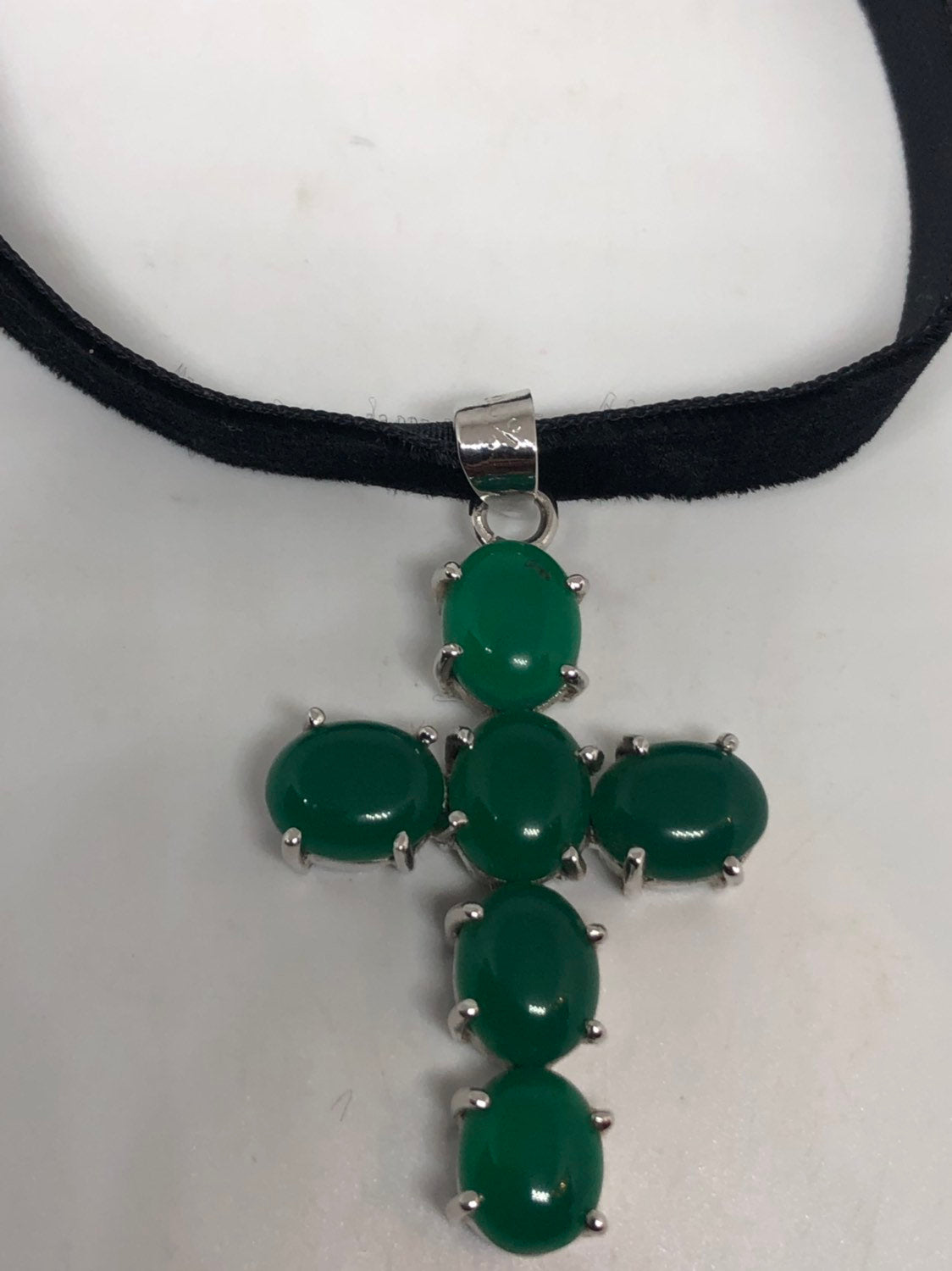Vintage Green Onyx 925 Sterling Silver cross Necklace Choker