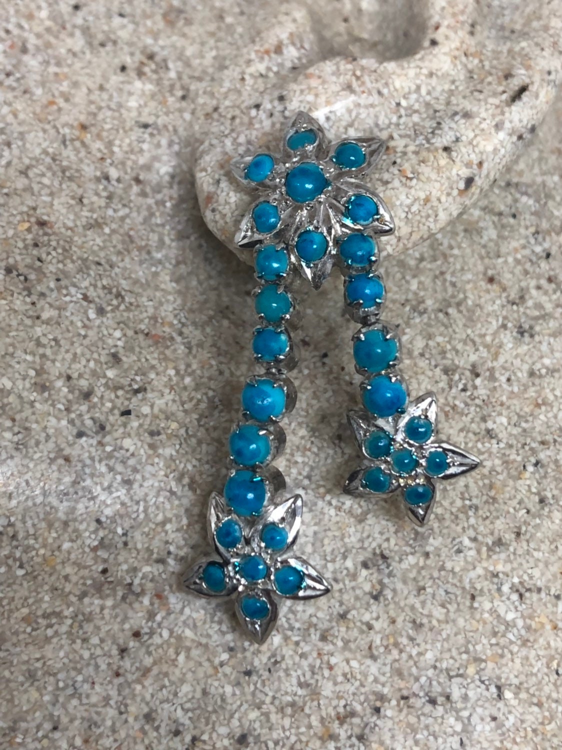 Vintage Turquoise Star Earrings Sterling Silver Genuine Deep Blue turquoise Dangle Chandelier