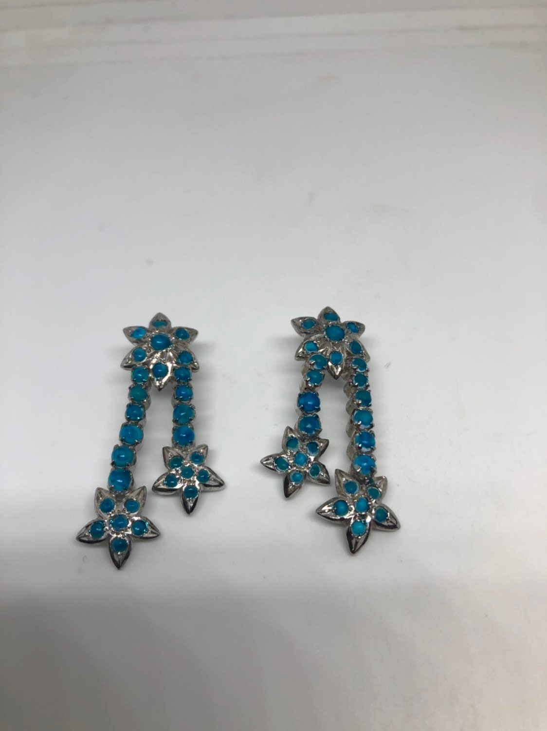 Vintage Turquoise Star Earrings Sterling Silver Genuine Deep Blue turquoise Dangle Chandelier