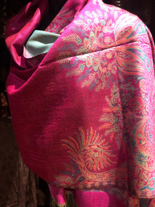 Vintage Fuschia Pink Paisley Brocade Pashmina Scarf Wrap