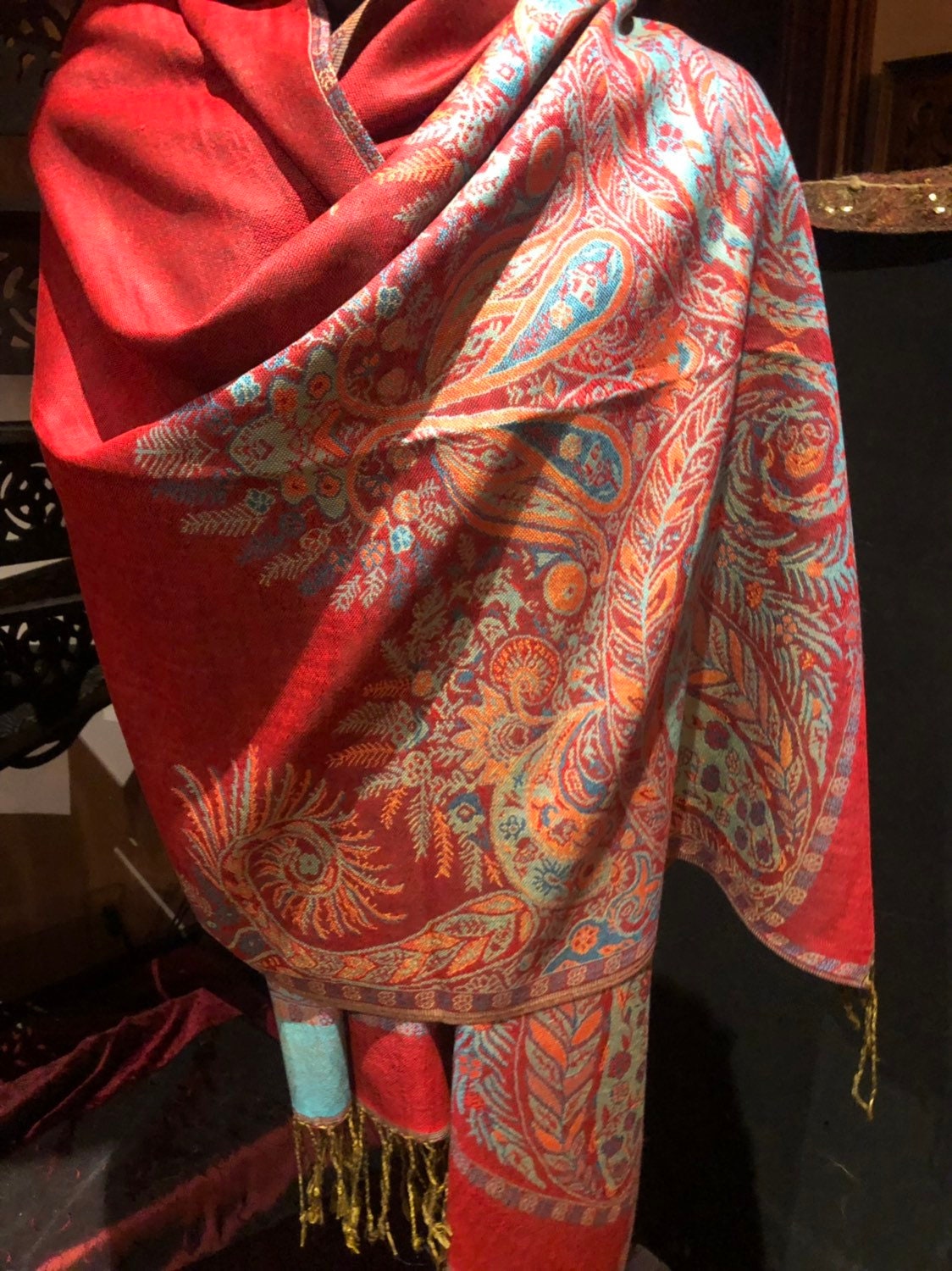 Red Vintage Paisley Brocade Pashmina Scarf Wrap
