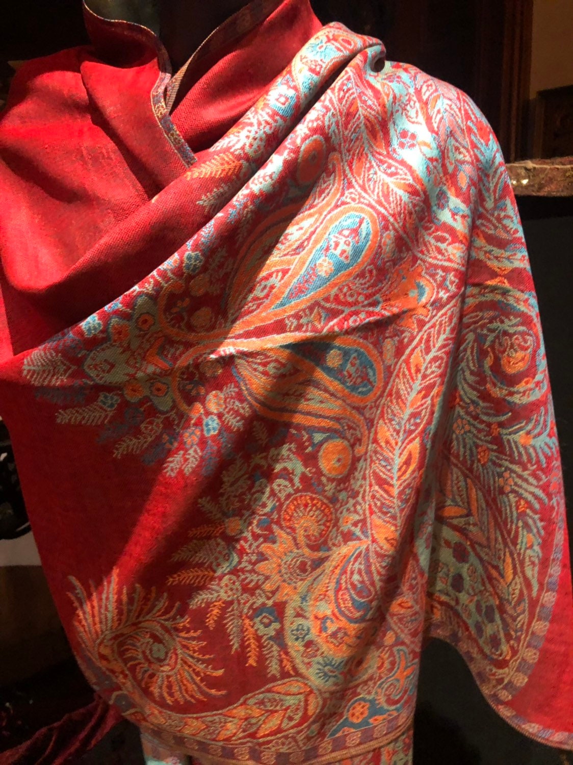 Red Vintage Paisley Brocade Pashmina Scarf Wrap