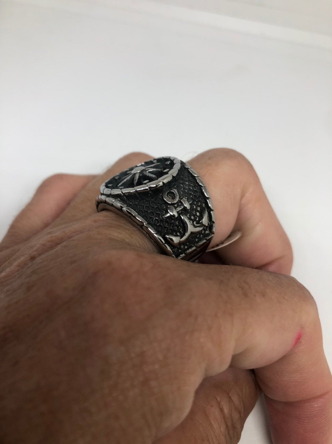 Vintage Gothic Silver Stainless Steel Navy Anchor Mens Ring