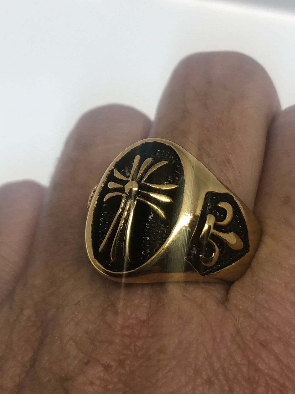 Vintage Gothic Golden Stainless Steel Cross Mens Ring