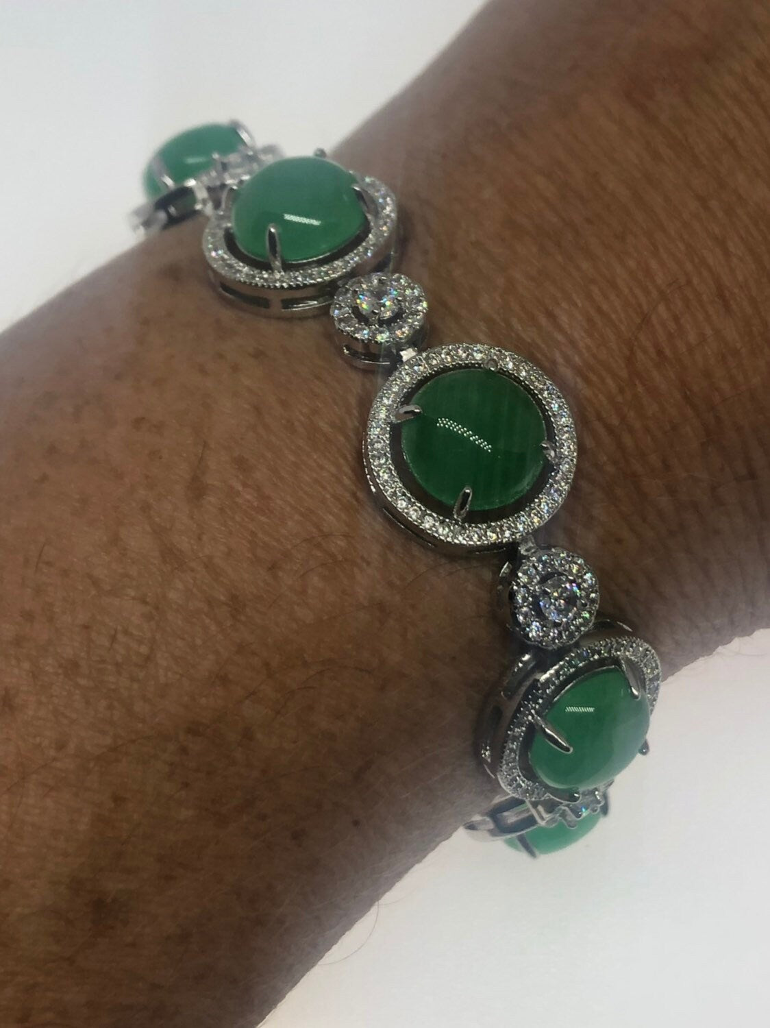 Vintage Green Jade Bracelet White Bronze Silver