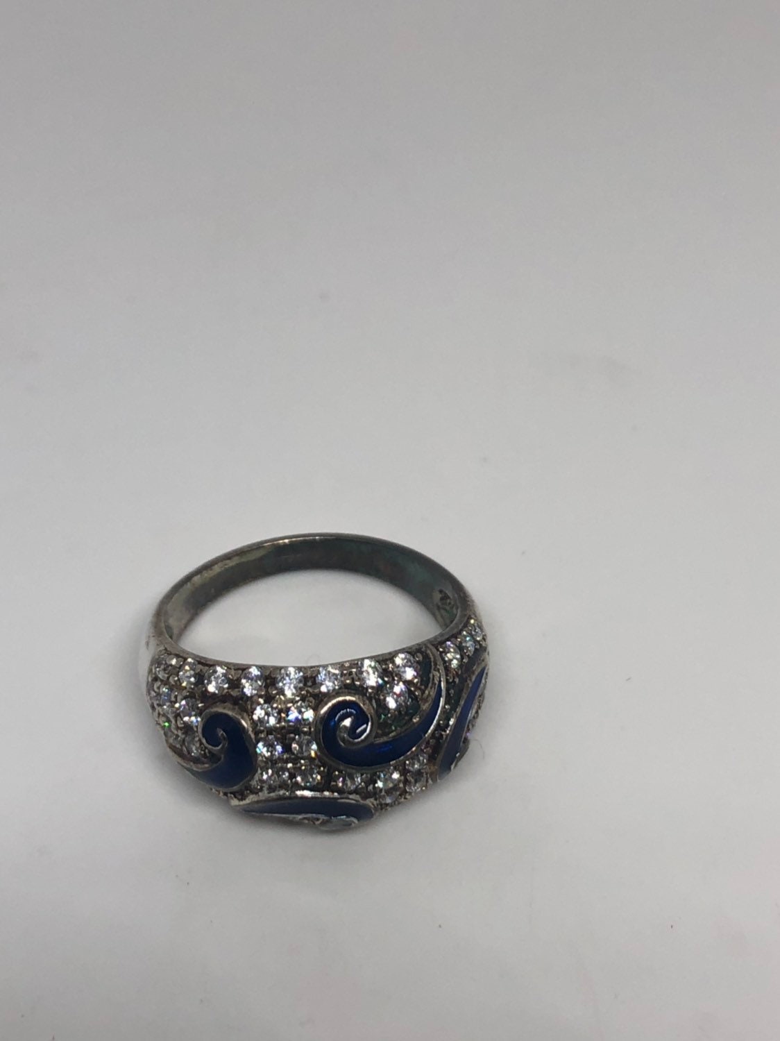 Vintage Filigree Cubic Zirconia Crystal Gothic Blue Cloisone Sterling Silver Ring