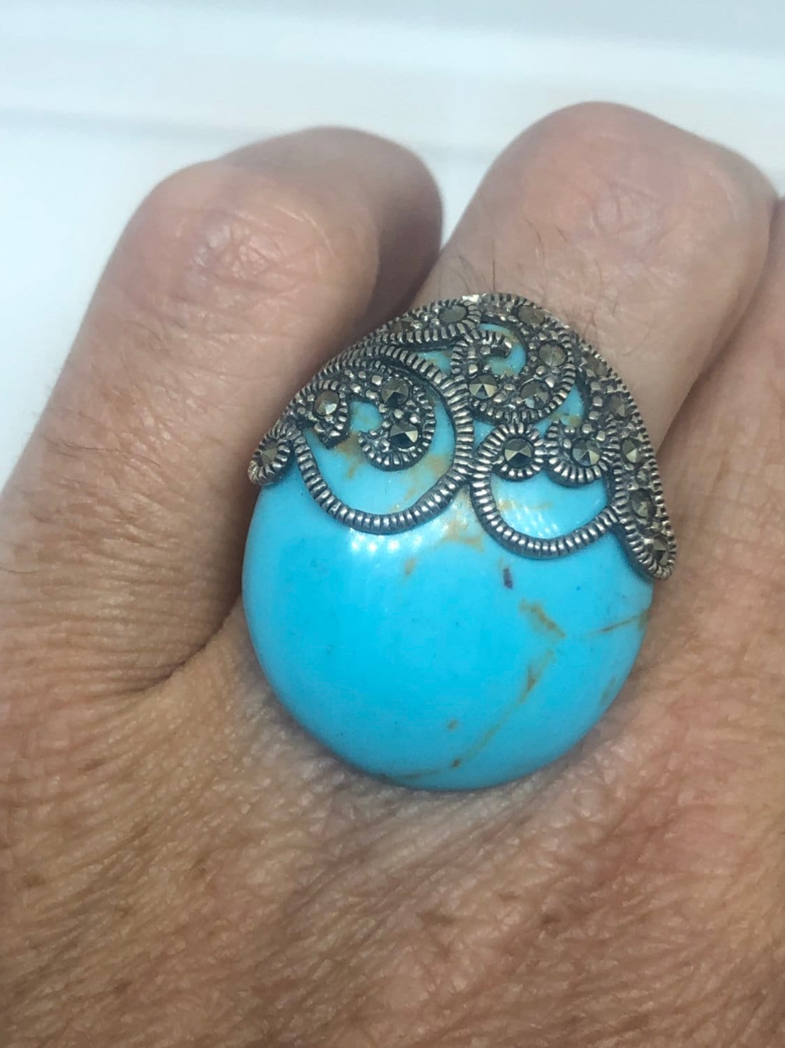 Vintage Turquoise Howlite Gemstone 925 Sterling Silver Marcasite Ring