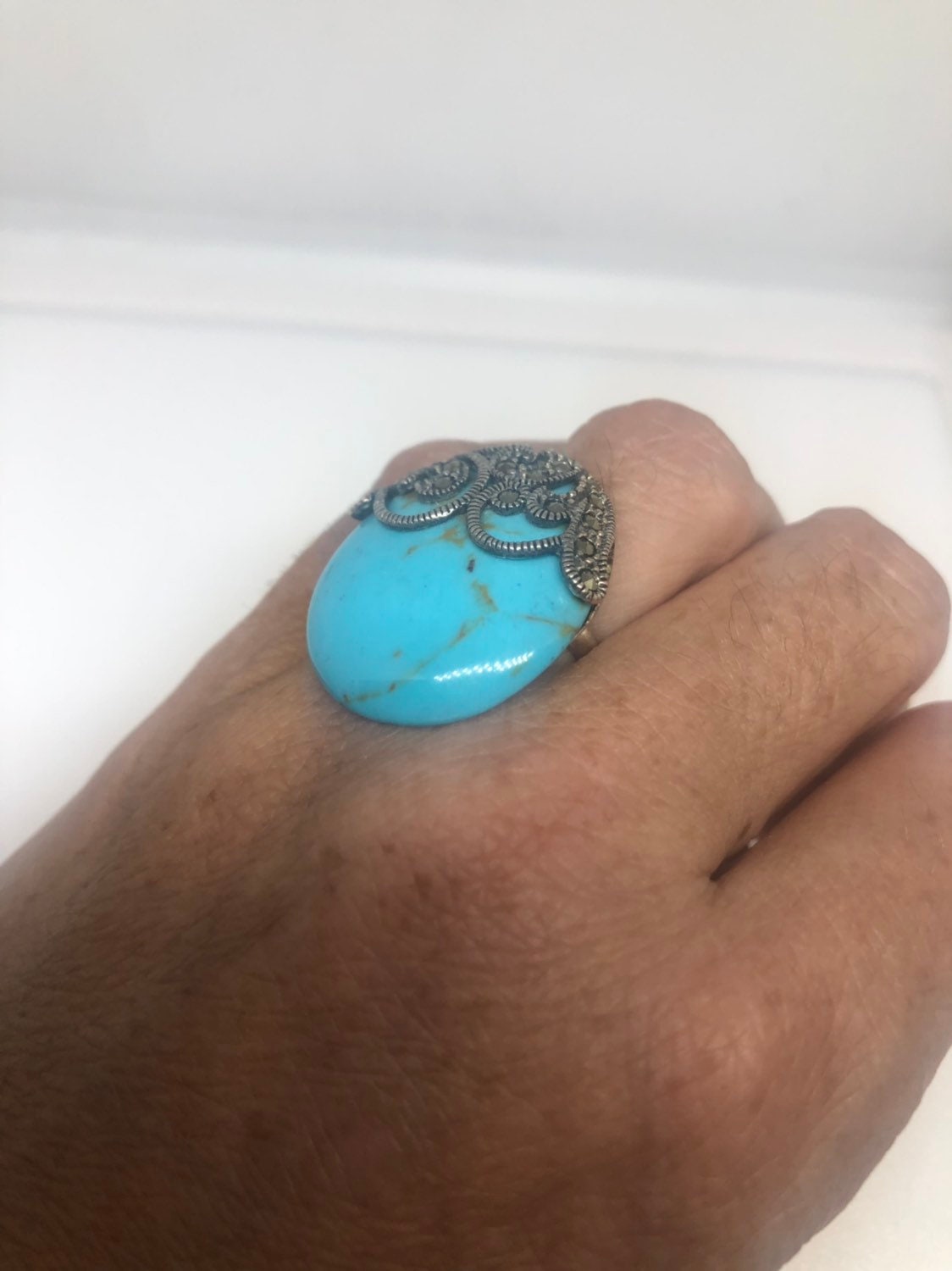 Vintage Turquoise Howlite Gemstone 925 Sterling Silver Marcasite Ring