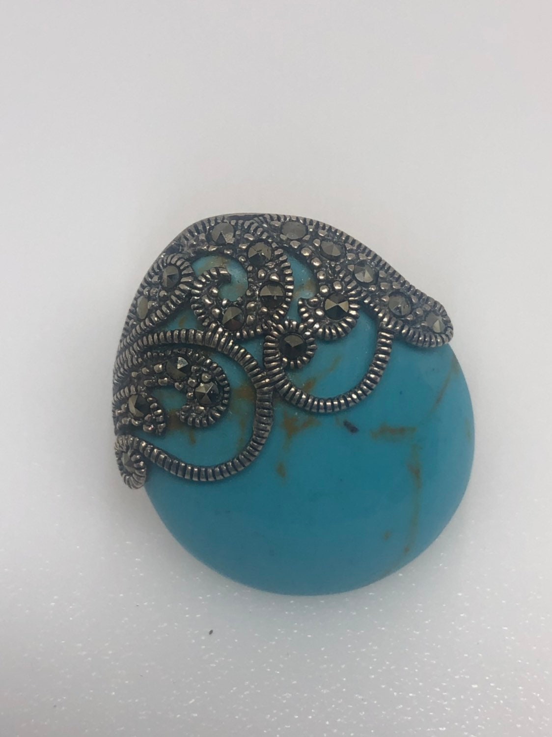 Vintage Turquoise Howlite Gemstone 925 Sterling Silver Marcasite Ring