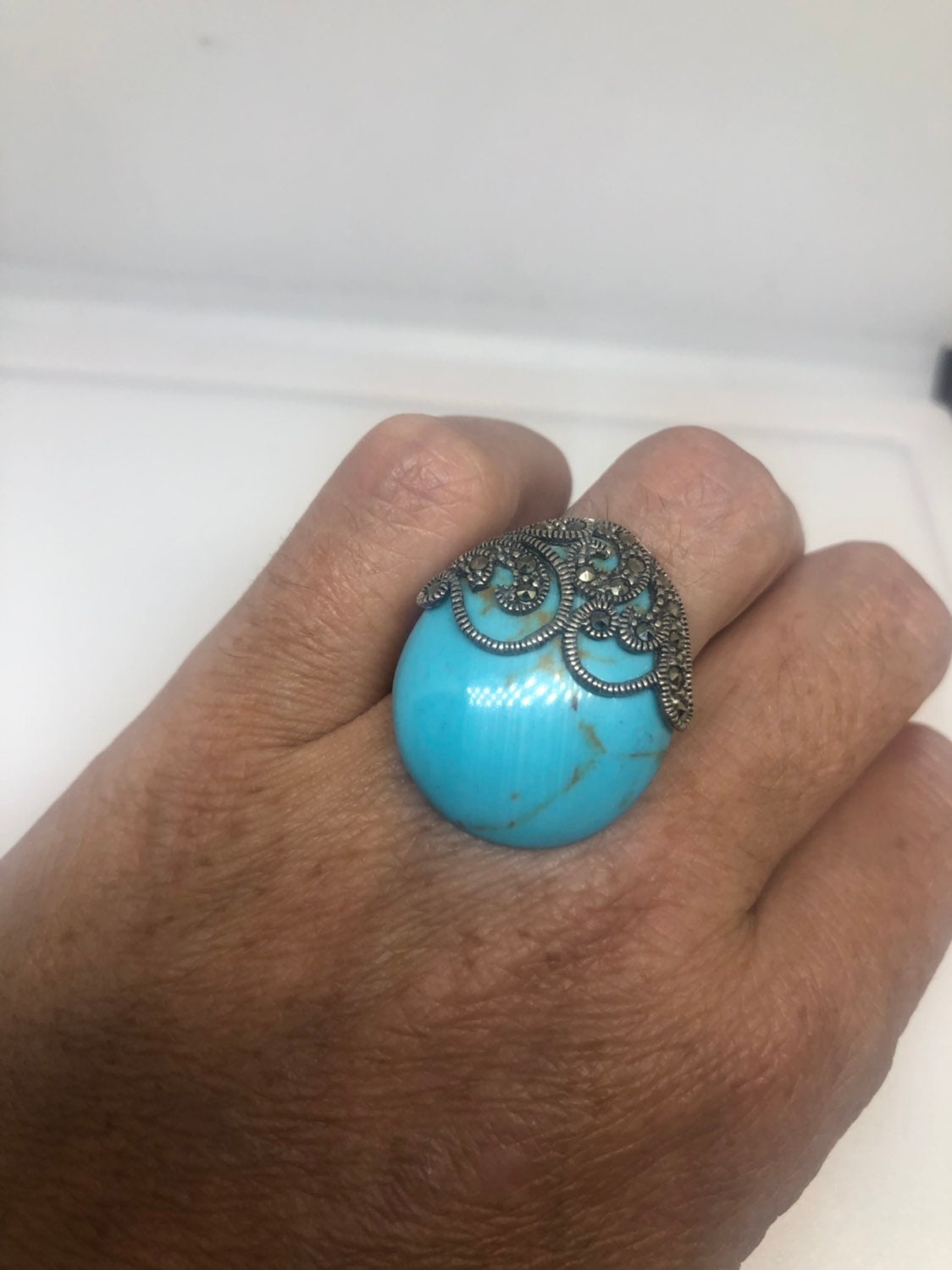 Vintage Turquoise Howlite Gemstone 925 Sterling Silver Marcasite Ring