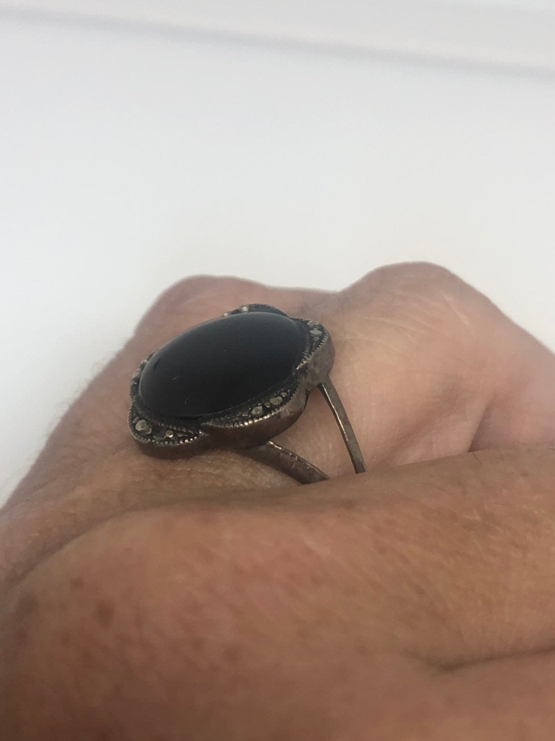 Vintage Genuine Black Onyx Silver marcasite Ring