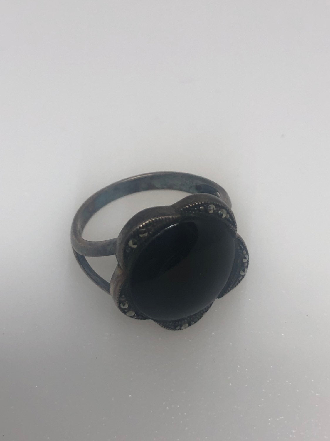 Vintage Genuine Black Onyx Silver marcasite Ring