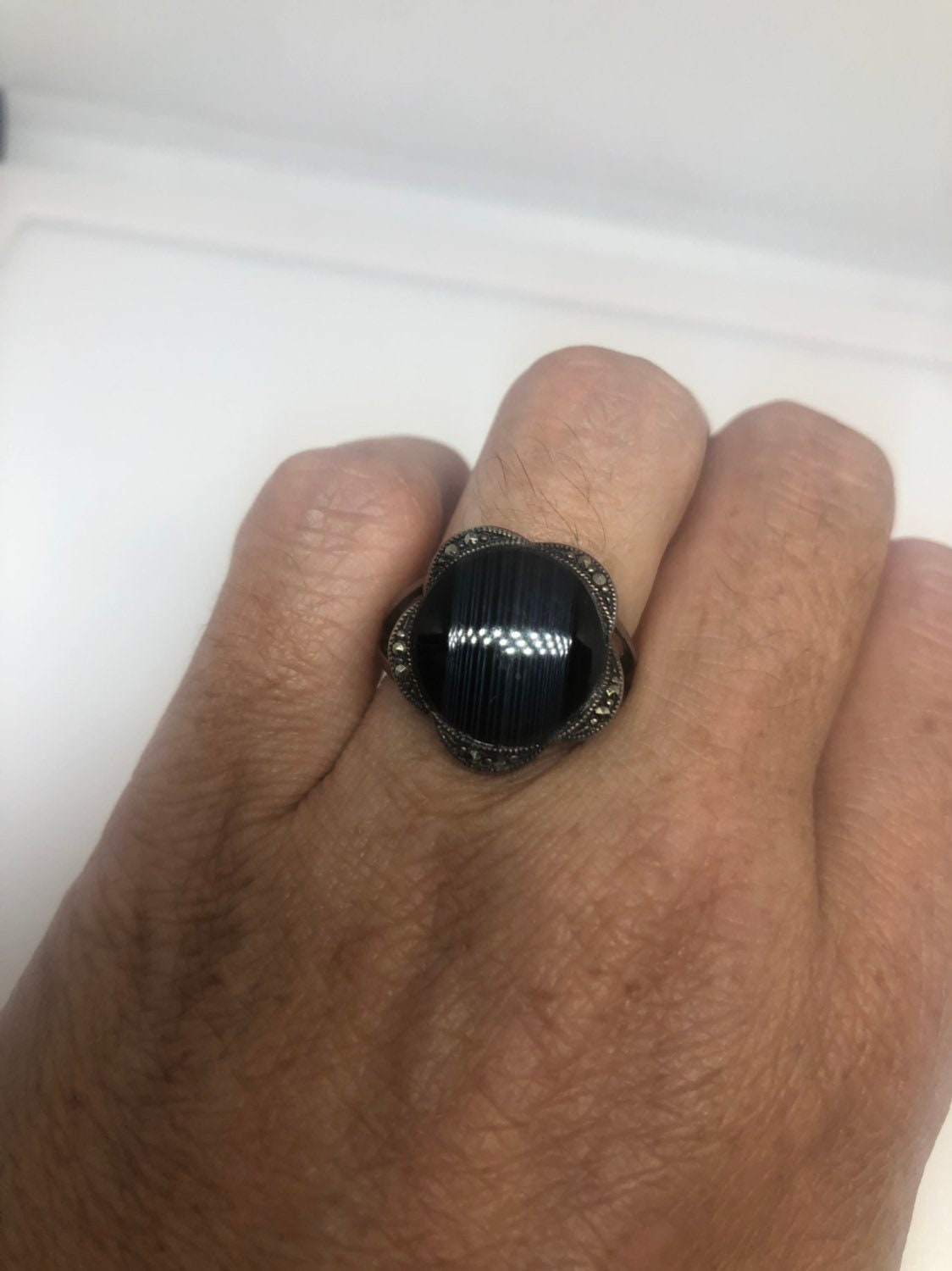 Vintage Genuine Black Onyx Silver marcasite Ring