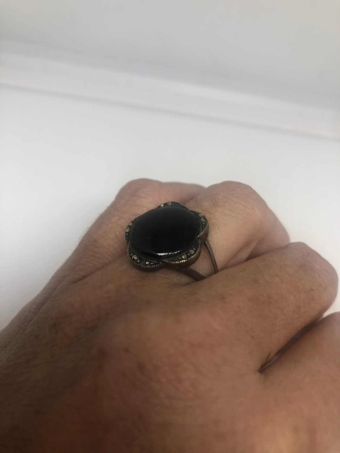 Vintage Genuine Black Onyx Silver marcasite Ring