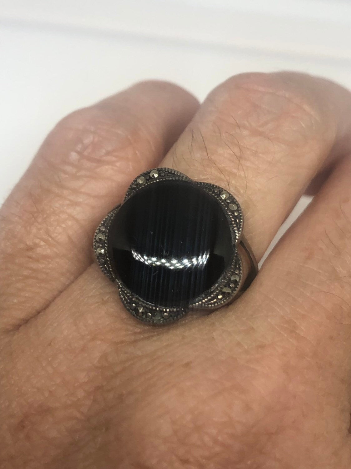 Vintage Genuine Black Onyx Silver marcasite Ring