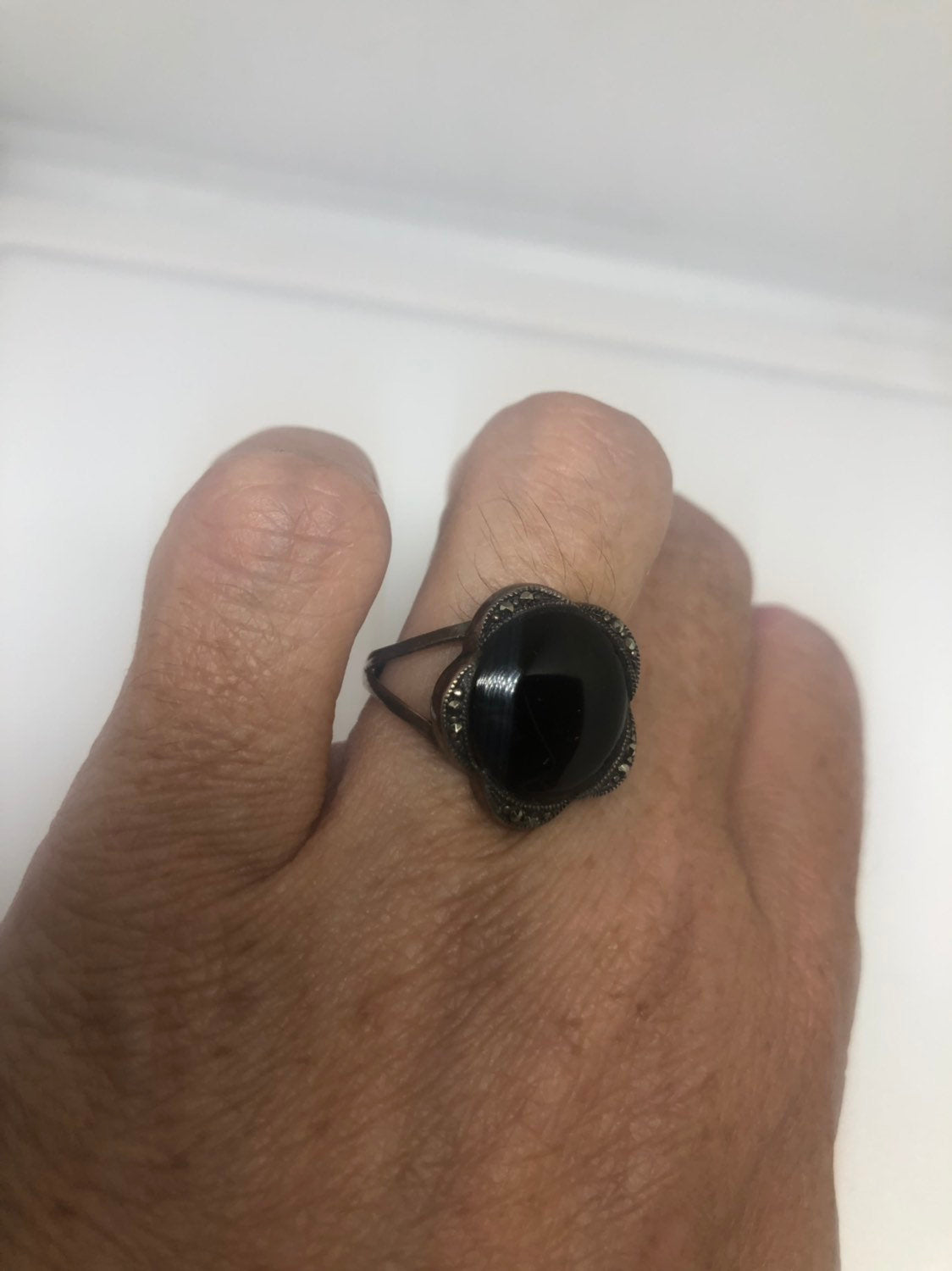 Vintage Genuine Black Onyx Silver marcasite Ring