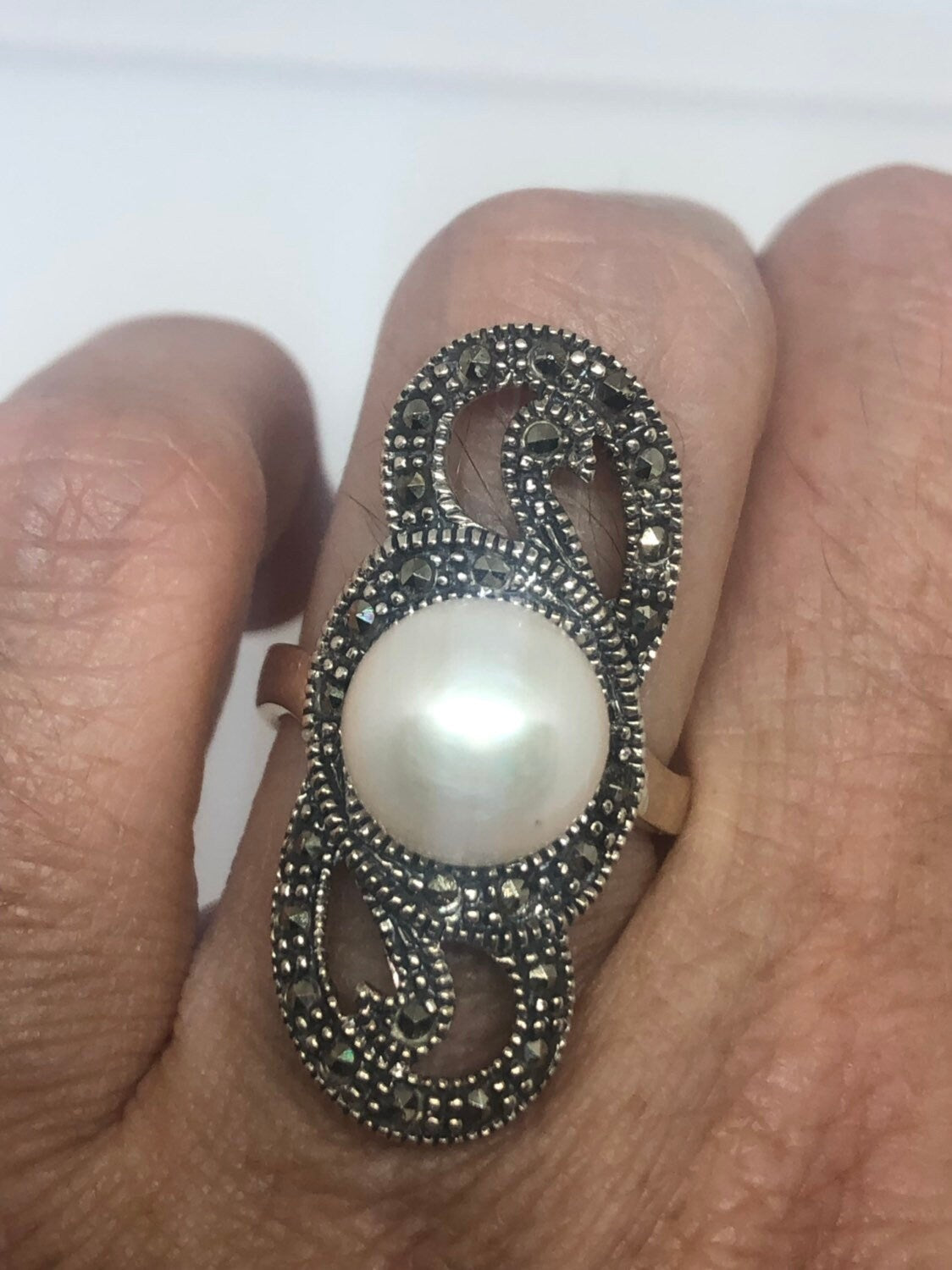 Vintage Genuine Pearl Marcasite 925 Sterling Silver Ring