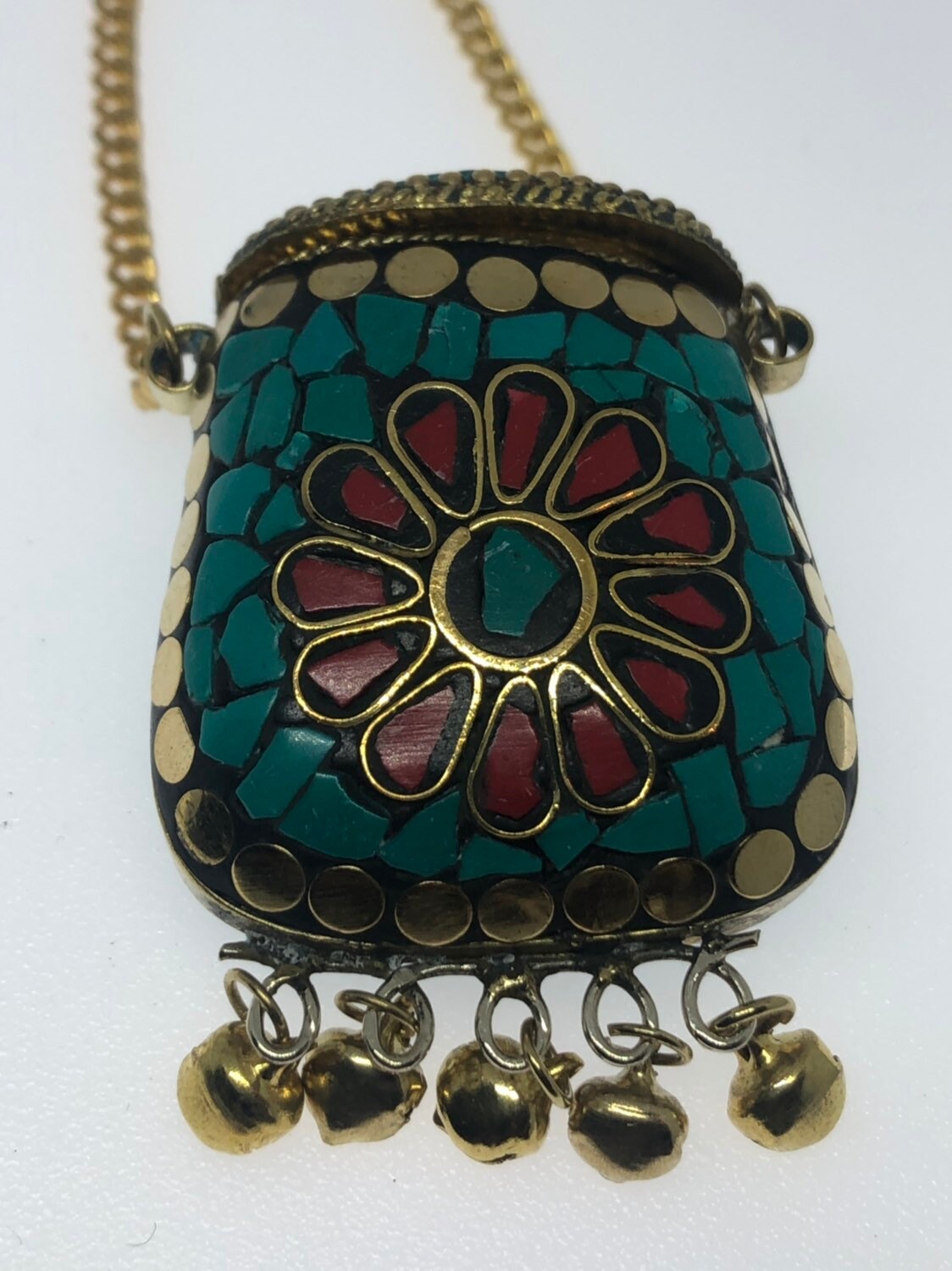 Bronze Mojo Bag Handmade Vintage Mosaic Gemstone Pendant Necklace