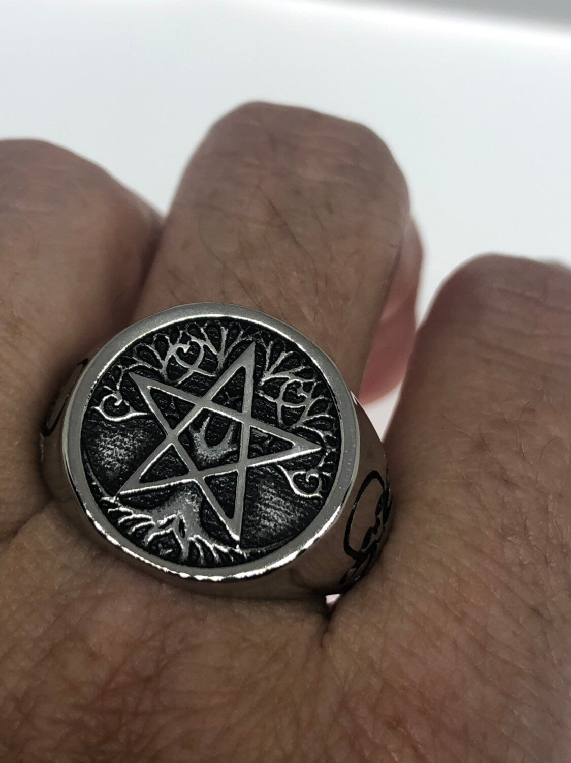 Vintage Gothic Silver Stainless Steel Pentacle Star Mens Ring