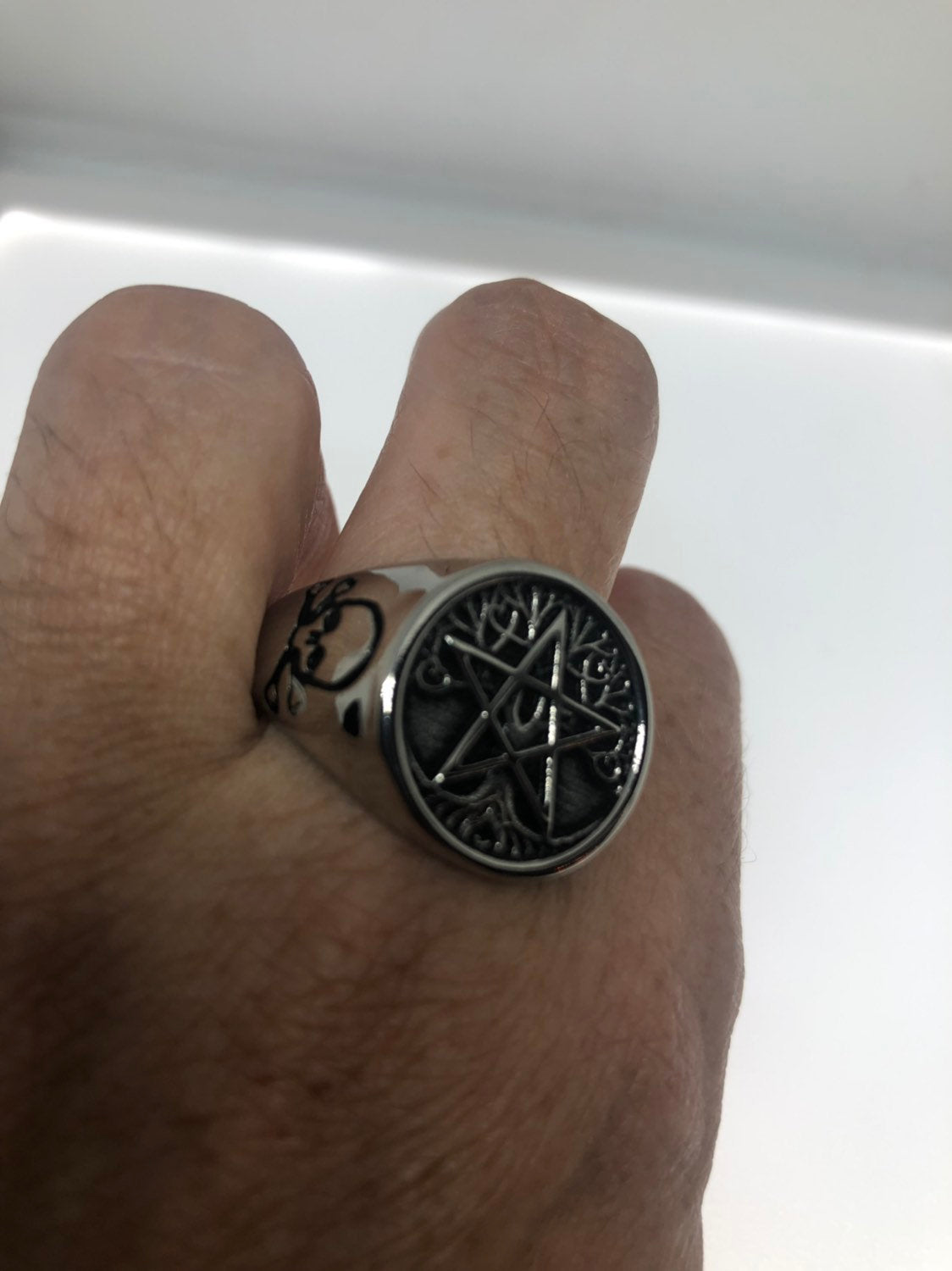 Vintage Gothic Silver Stainless Steel Pentacle Star Mens Ring