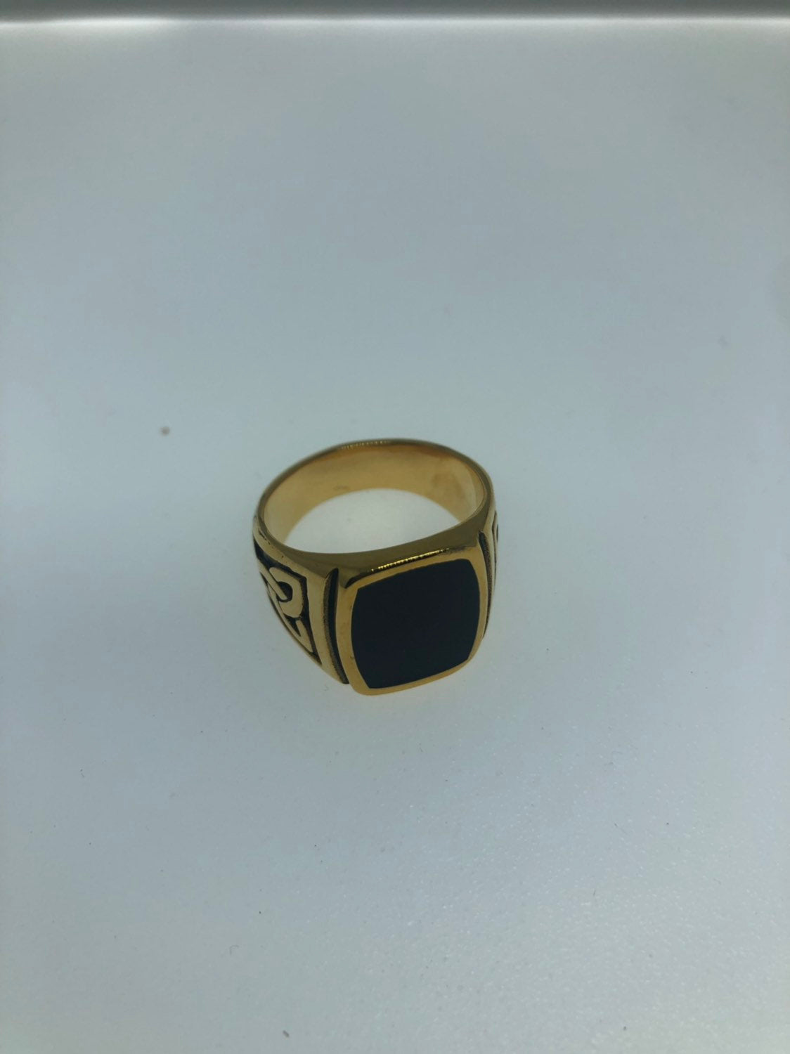 Vintage Celtic Black Onyx Golden Stainless Steel Mens Ring