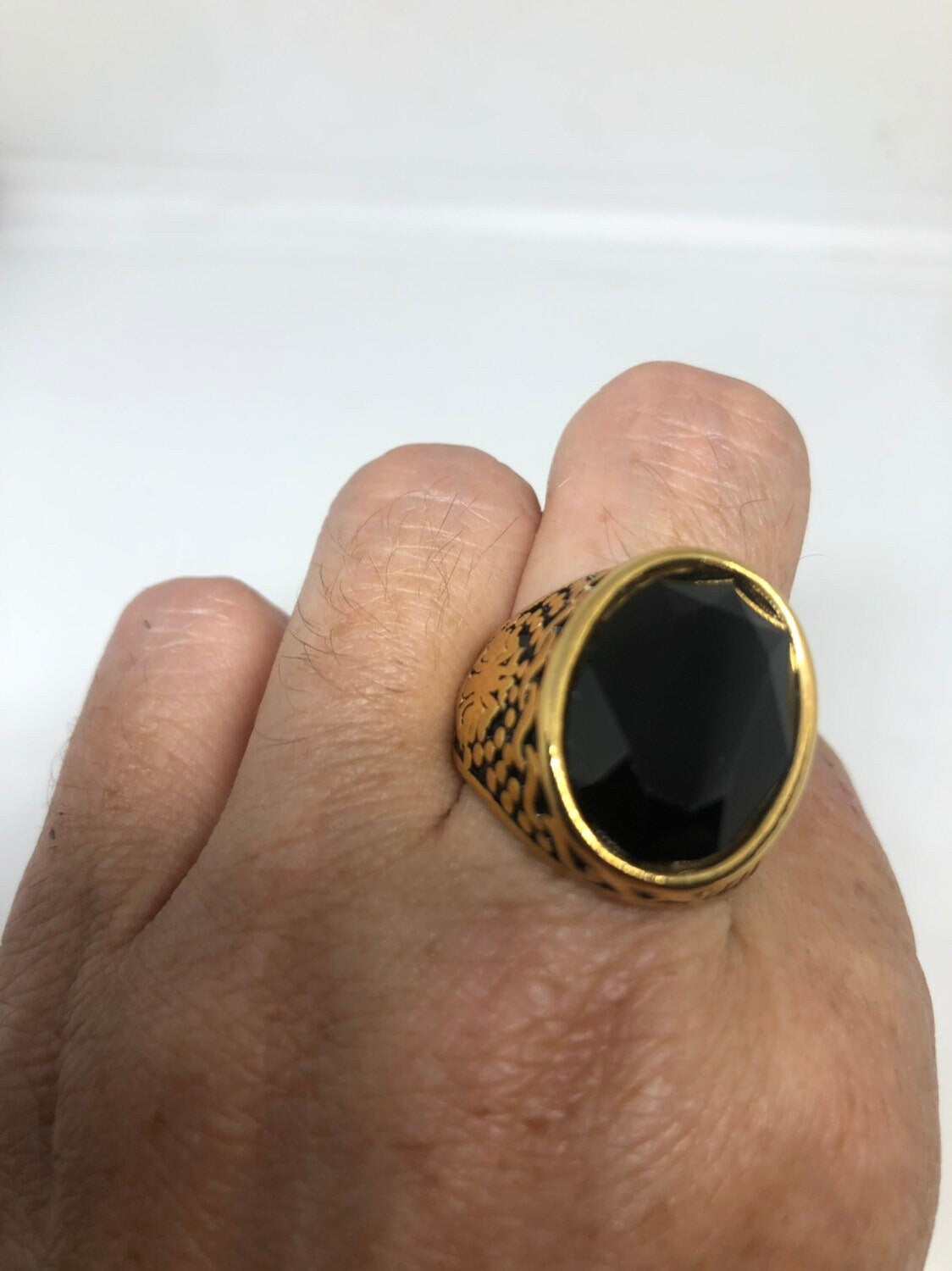 Vintage Gothic Gold Finished Stainless Steel Black Jet Mens Ring
