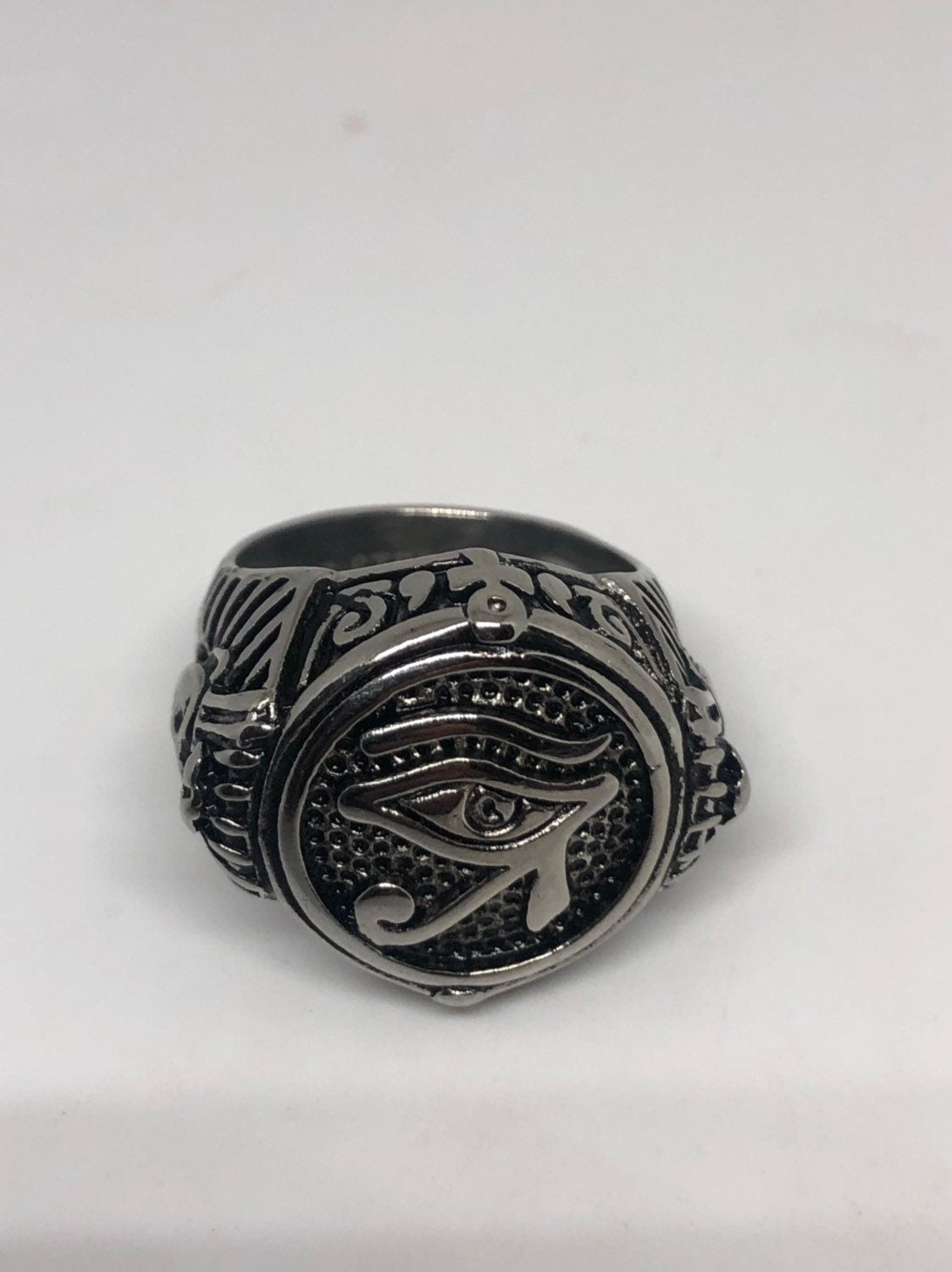 Vintage Silver Stainless Steel Egyptian Ankh Horus Eye Men's Ring