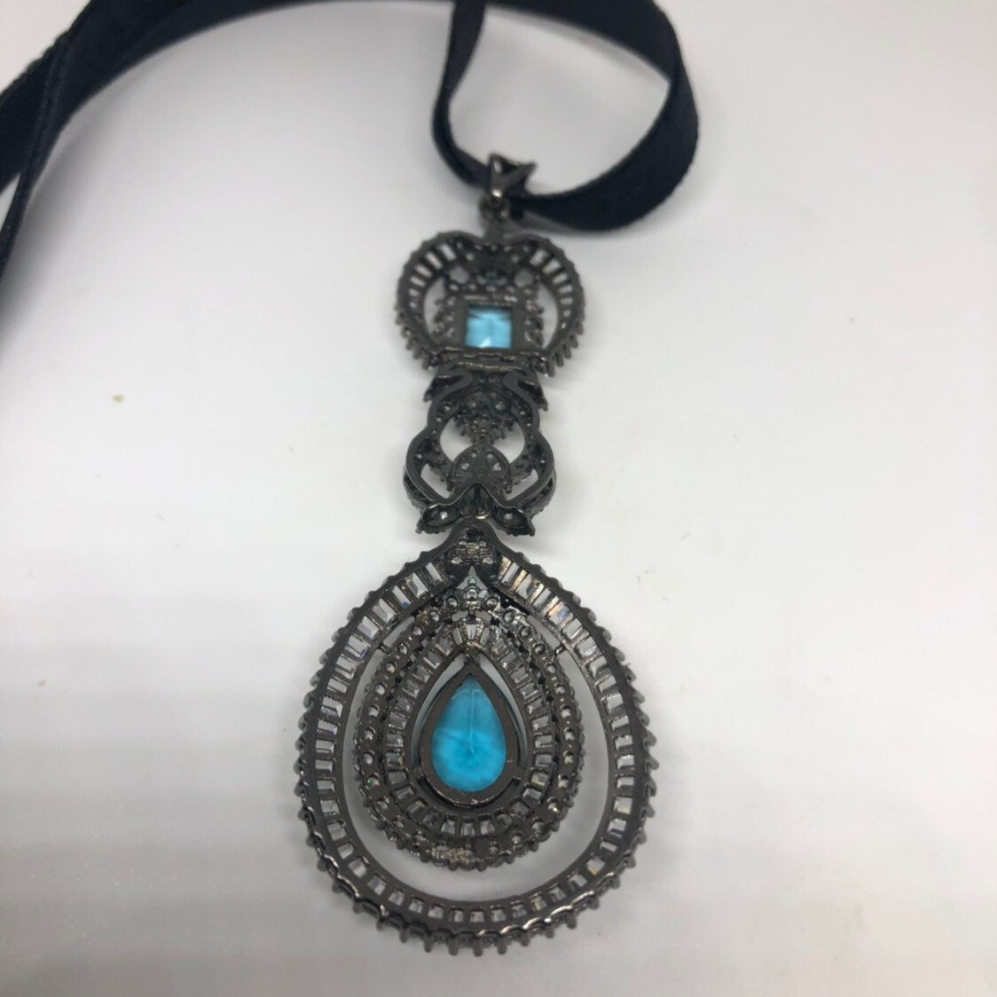 Vintage Handmade 925 Sterling Silver Clear and Blue Crystal Pendant