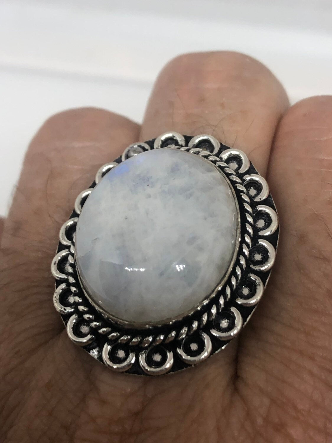 Vintage Genuine Blue White Rainbow Moonstone Ring