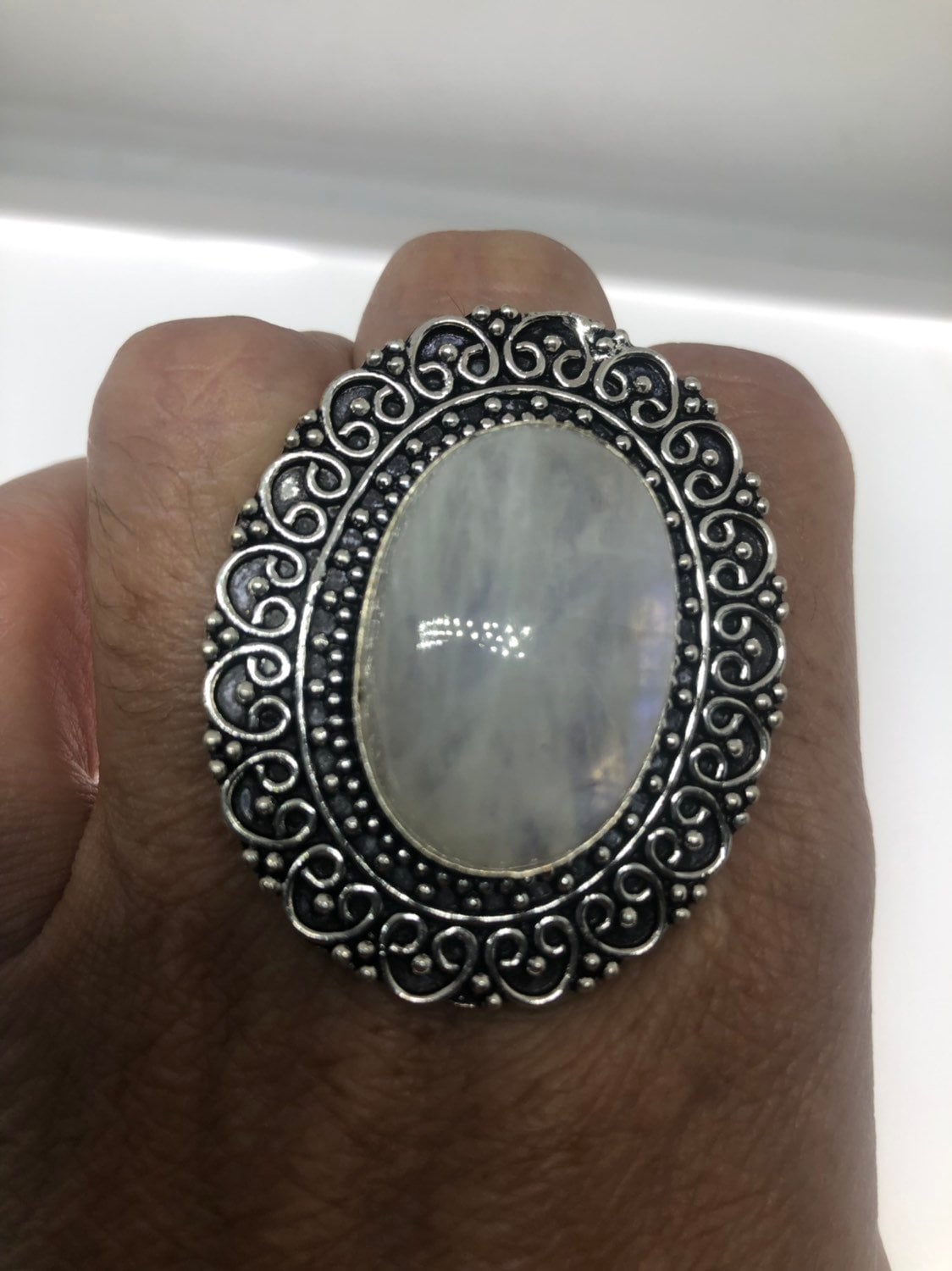 Vintage Genuine Blue White Rainbow Moonstone Ring