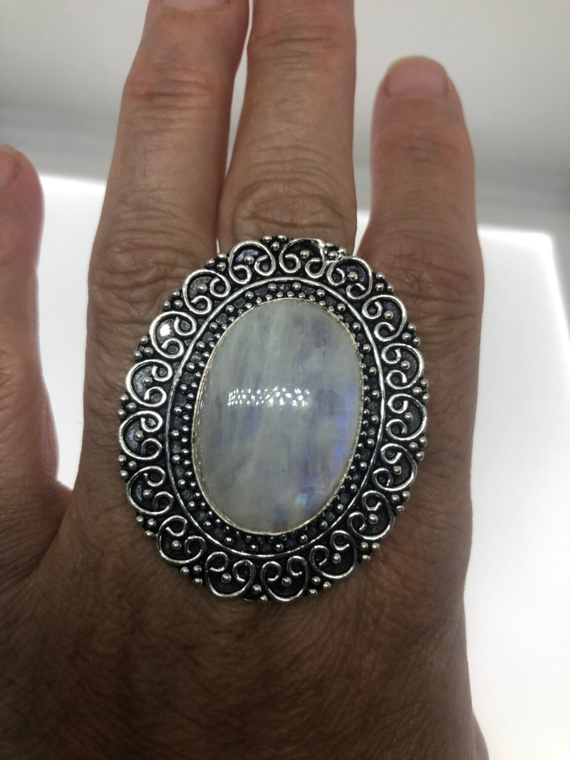 Vintage Genuine Blue White Rainbow Moonstone Ring