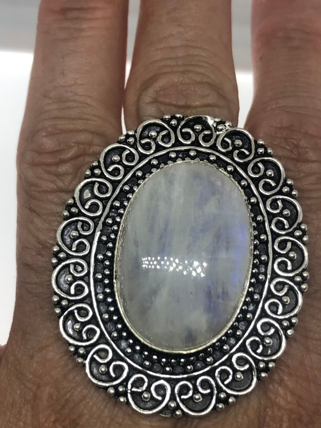 Vintage Genuine Blue White Rainbow Moonstone Ring