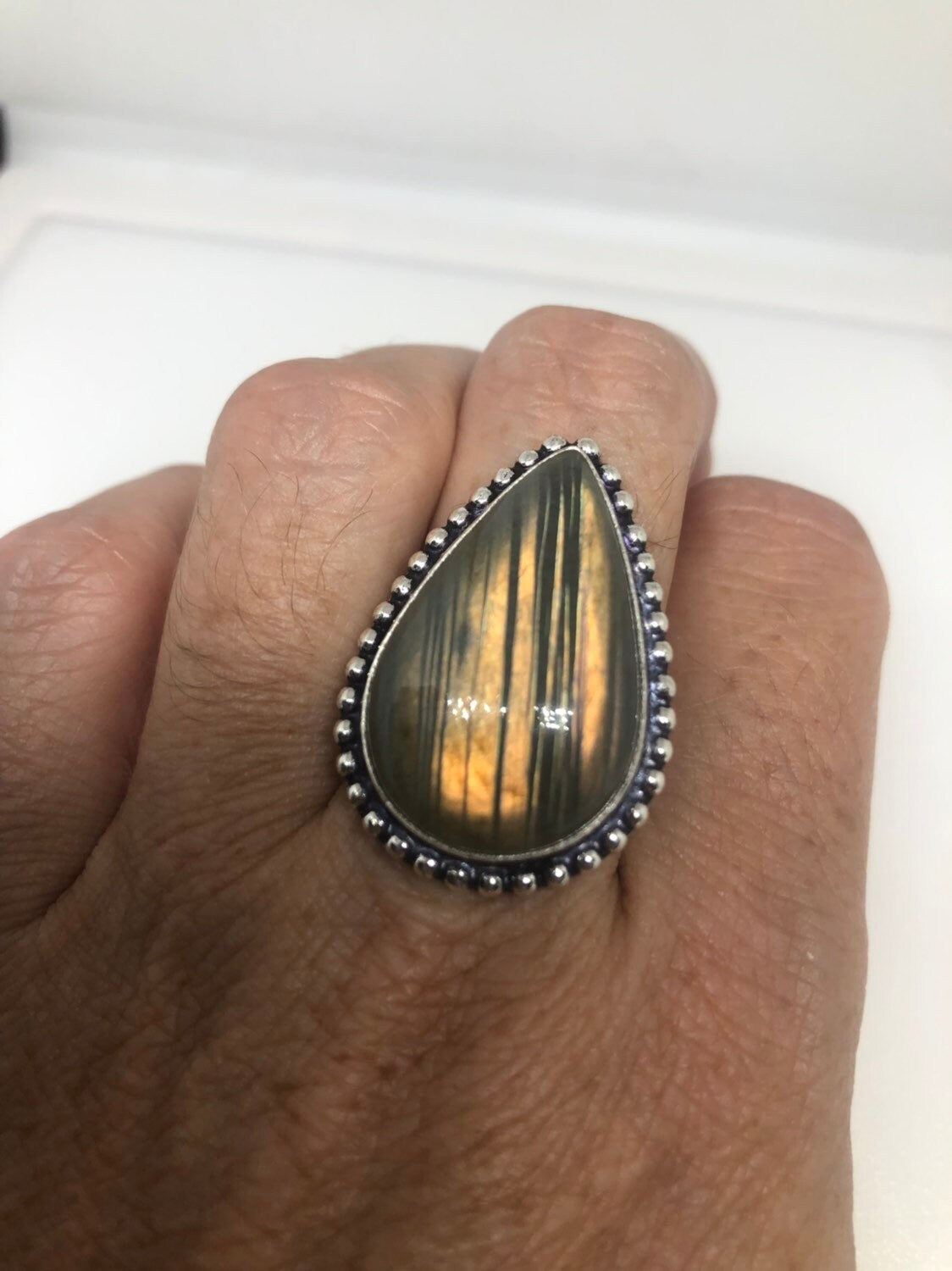 Vintage Blue Green Labradorite Stone Silver Ring